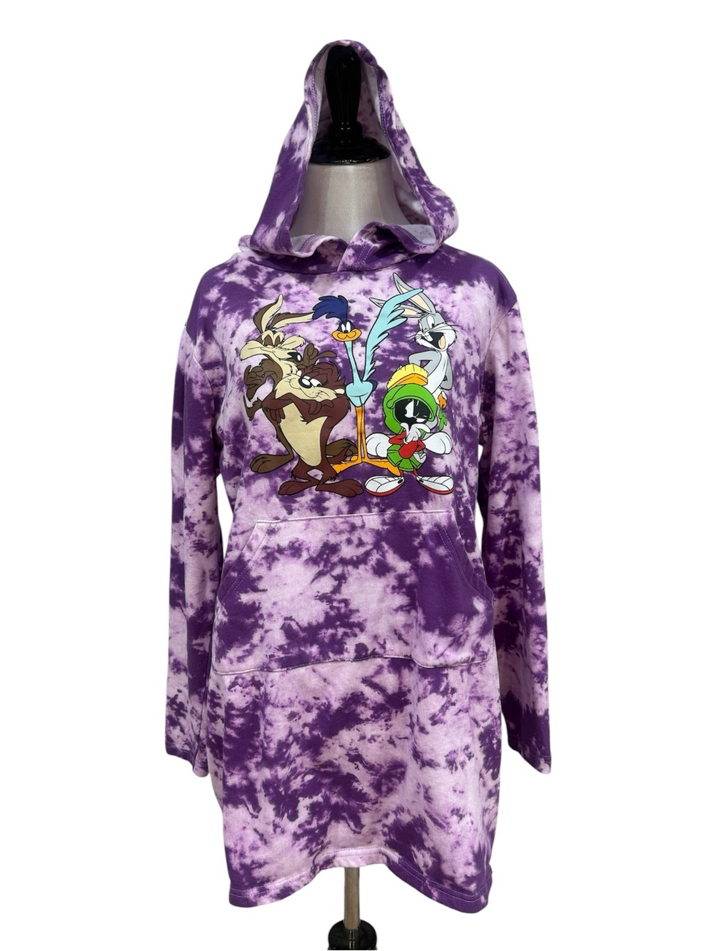 Looney Tunes Hoodie Dress Womens L Purple Tie Dye Bugs Bunny Taz Marvin Coyote